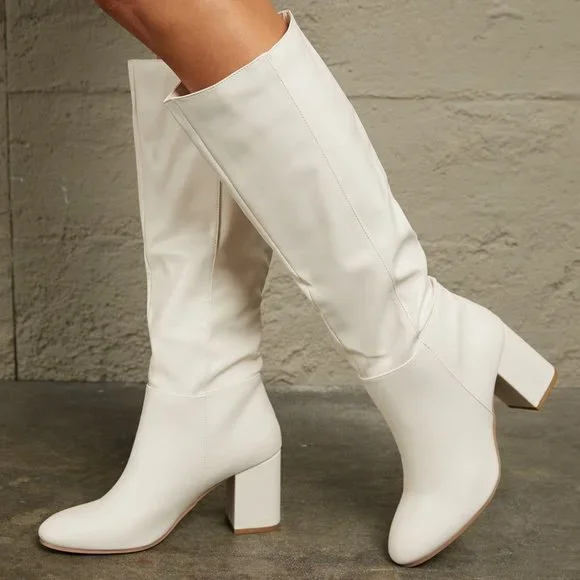Block Heel Knee High Boots in White - Picture 4 of 5